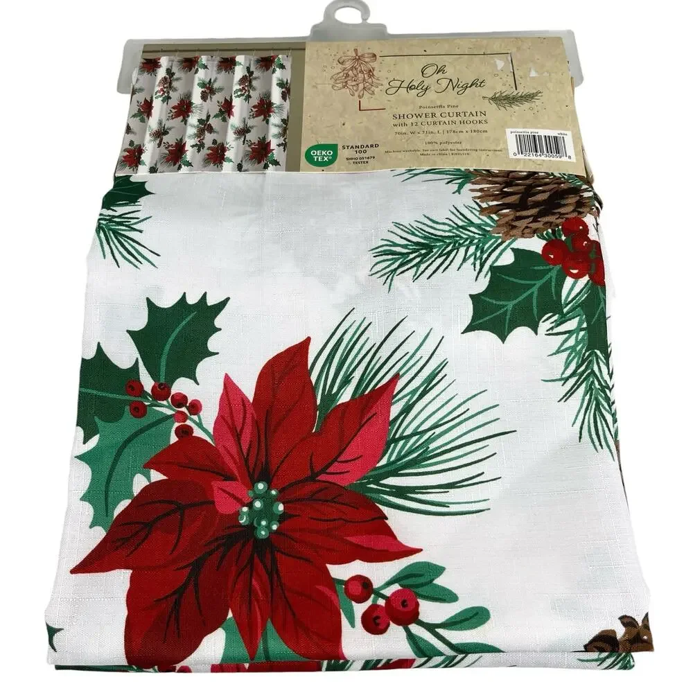 Christmas Shower Curtain Oh Holy Night Poinsettia Pine Hooks New